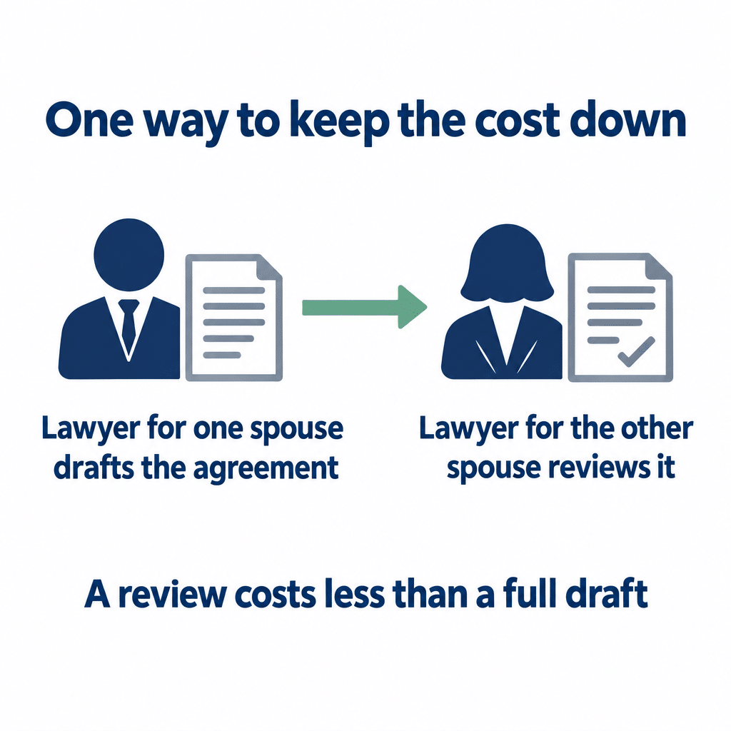 Two lawyer icons: one drafts the agreement, the other reviews it, a lower-cost way to give each spouse a lawyer